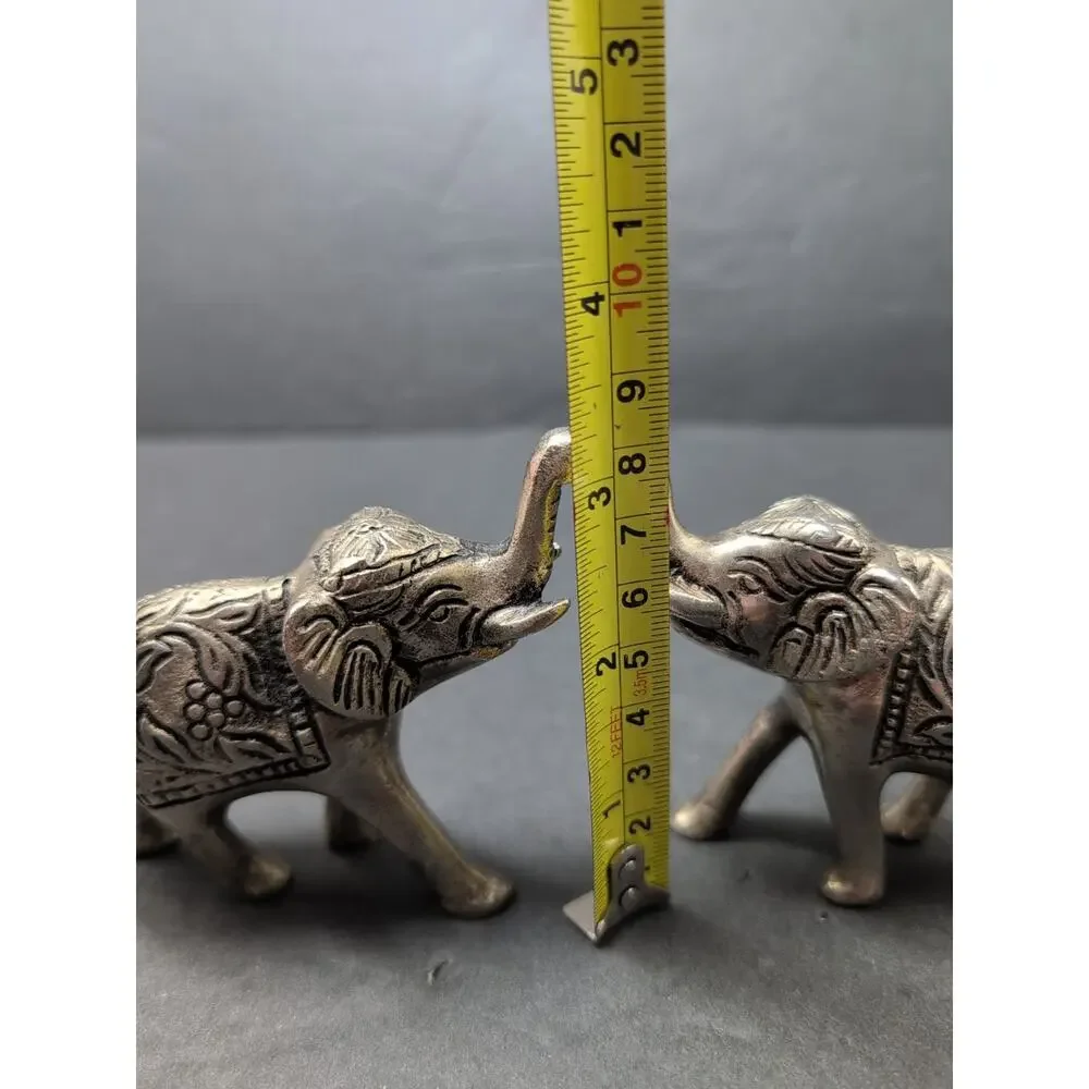 Lot Of 2 India Metal Elephants Hand Carved Collectible Trunks UpFigures 4